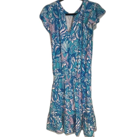 Lilly Pulitzer Ravi Short Sleeve Romper Size Medium Almafi Blue Floral/Shell - Picture 3 of 12
